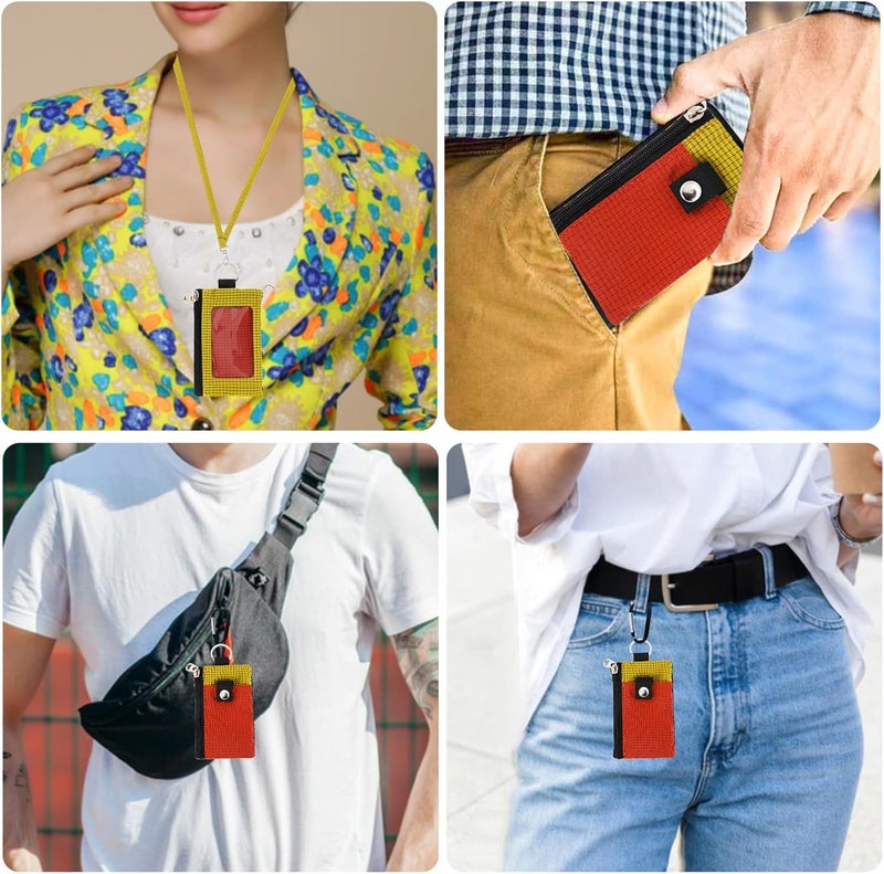 MASAPHIL MASAPHlL Small Lanyard Wallet for Women/Men with RFID Blocking ID Card Wallet, Minimalist Nylon Zipper Pouch, Travel Neck Wallet with Keychain, ID Window for Card,Coin,Cash (Deep red+Golden Yellow) - Image 2